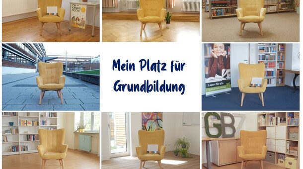 Symbolbild für die Videoreihe. In der Mitte steht der Schriftzug "Mein Platz für Grundbildung". Um den Schriftzug sind Bilder mit einem gelben Stuhl im Raum abgebildet.